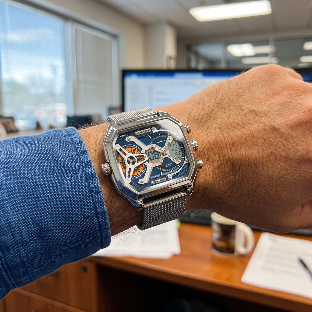 POEDAGAR E106 DUAL TIME - SILVER & BLUE