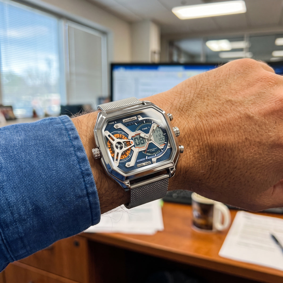 POEDAGAR E106 DUAL TIME - SILVER & BLUE
