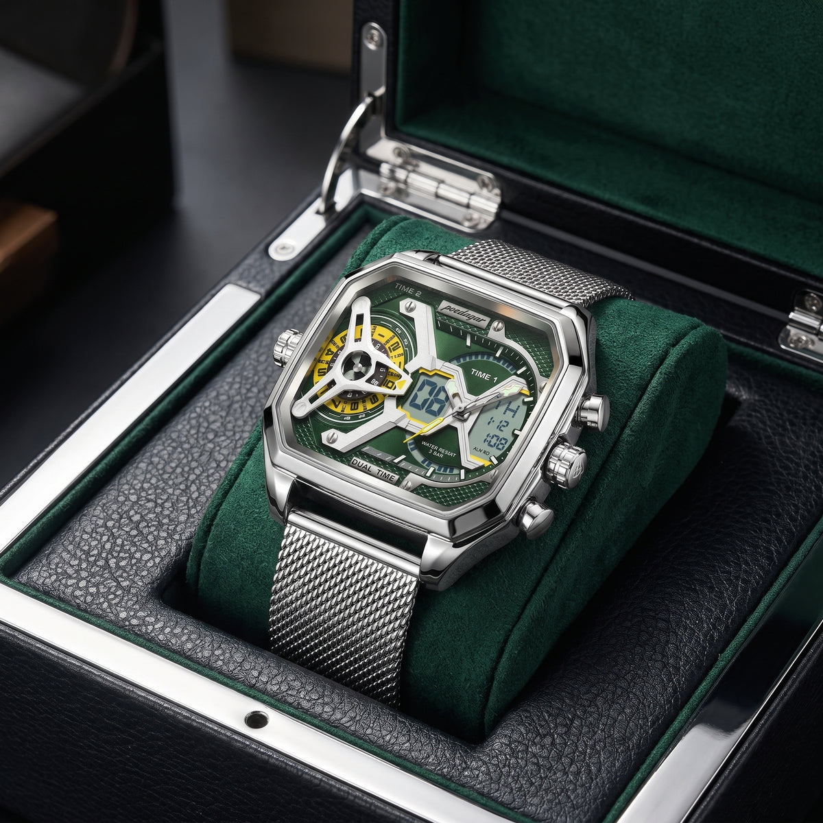 POEDAGAR E106 DUAL TIME - SILVER & GREEN