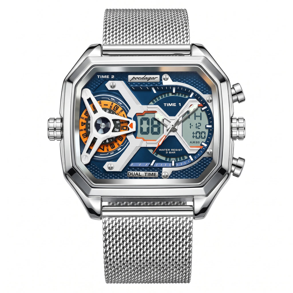 POEDAGAR E106 DUAL TIME - SILVER & BLUE